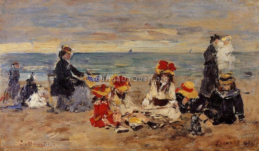 Woman and Children on the Beach at Trouville - 尤金·布丹